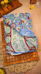 Blue & Yellow Red Vine Floral Handblocked Pure Georgette Saree