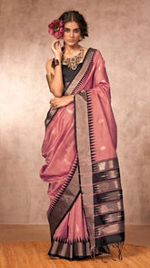 Peach Pink & Black Handloom Bhagalpuri Raw Silk Saree