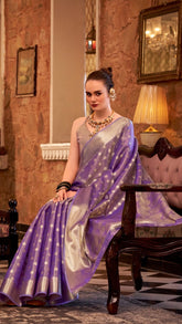 Purple and Gold Handloom Zari Weaving Tissue Silk Saree