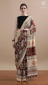 Beige & Red Floral Handblocked Pure Mul Cotton Saree