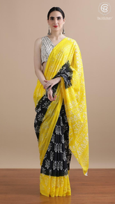 Black & Yellow Floral Handblocked Pure Mul Cotton Saree
