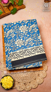 Blue & Black Floral Handblocked Pure Cotton Sarees