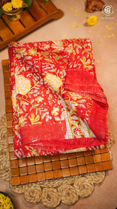 Red & Yellow Floral Vine Handblocked Pure Georgette Saree