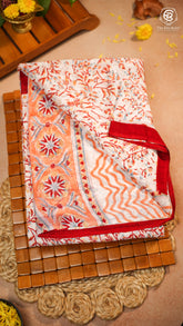 White & Red Orange Floral Vine Handblocked Pure Georgette Saree