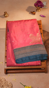 Rani Pink & Teal Green Pink Pure Crepe Chiffon Banarasi Silk Saree