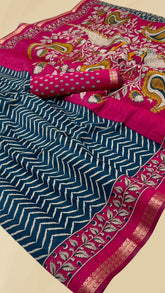 Blue and Pink Kalamkari Leheriya Handloom Cotton Saree