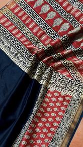 Black & Red Leaf Handblocked Pure Maheshwari Cotton Sarees