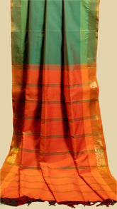 Forest Green and Pumpkin with Contrast Color Pallu Silk Cotton Saree