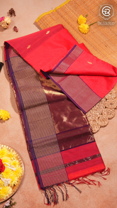 Peach Pink and Purple Leaf Butta Handloom Zari Pure Maheshwari Silk Saree