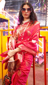 Ruby Pink Leaf Patterned Zari Weaved Banarasi Silk Saree