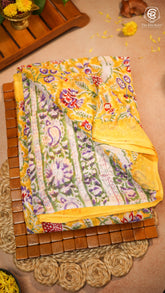 Yellow & Red Floral Handblocked Pure Georgette Saree