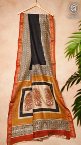 Black & Beige Handblocked Maheshwari Silk Cotton Saree