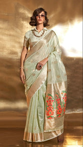 Pista Green Jamdani Kora Tissue Silk Saree