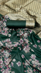 Green and Gold Floral Satin Banarasi Silk Saree