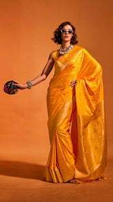 Yellow Spade & Clover Zari Weaved Banarasi Silk Saree