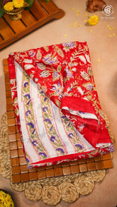 Red & Blue Floral Handblocked Pure Georgette Saree