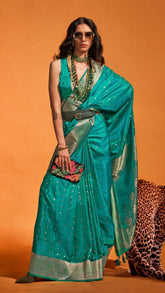Aqua Blue Spade & Clover Zari Weaved Banarasi Silk Saree