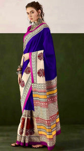 Blue and Beige Ajrakh Hand Blocked Pure Cotton Saree