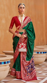 Green and Red Ikat Patola Contemporary Banarasi Crepe Silk Saree ERA06GRD