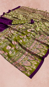 Purple and Green Ajrakh Satin Crepe Silk Saree
