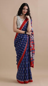 Blue and Red Floral Patterned Summer Cotton Saree