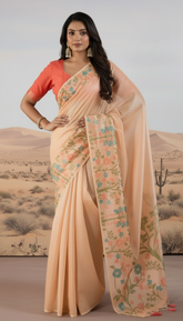 Orange Floral Pure Zari Tissue Silk Saree