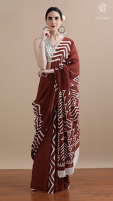Brown & White Line Patterned Handblocked Pure Mul Cotton Saree