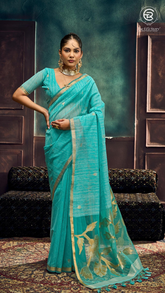 Teal Blue & Gold Silver Lotus Raw Silk Saree