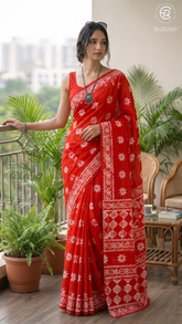 Red Floral Butta Handblocked Pure Mul Cotton Saree
