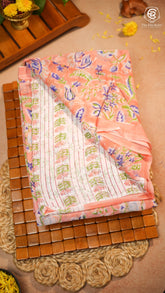 Peach & Blue Floral Vine Handblocked Pure Georgette Saree