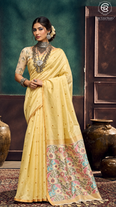 Yellow & Gold Ikkat Floral Cotton Saree