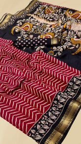 Red and Black Kalamkari Leheriya Handloom Cotton Saree