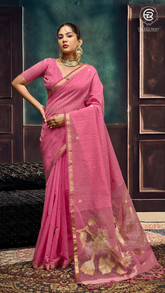 Pink & Gold Silver Lotus Raw Silk Saree