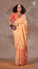 Beige & Pink Gold Zari Floral Soft Silk Saree