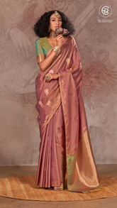 Mauve Brown & Green Gold Zari Floral Soft Silk Saree