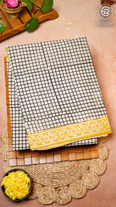 White and Yellow Checkered Handblocked Pure Cotton Sarees