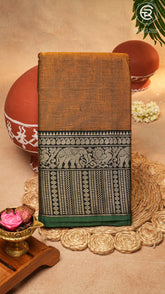 Mustard Gold Elephant & Peacock Border Handloom Narayanpet Cotton Saree