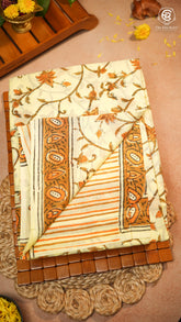 Pale Yellow Vine Floral Handblocked Pure Mul Cotton Saree