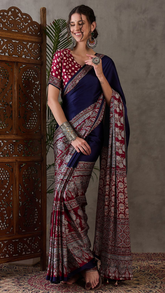 Blue and Red Ajrakh Satin Crepe Silk Saree