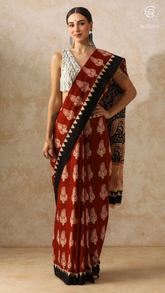 Red & Beige Mango Floral Handblocked Pure Mul Cotton Saree
