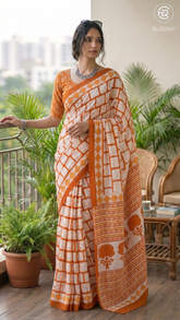 White & Orange Contemporary Handblocked Pure Mul Cotton Saree