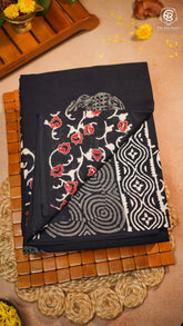 Black Floral Handblocked Pure Mul Cotton Saree