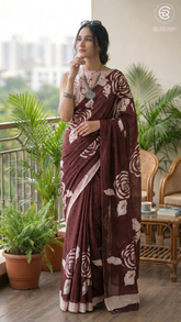 Brown Rose Floral Handblocked Pure Mul Cotton Saree
