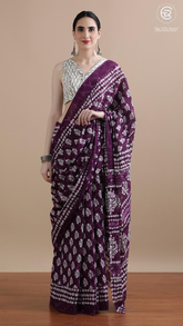 Violet Floral Handblocked Pure Mul Cotton Saree