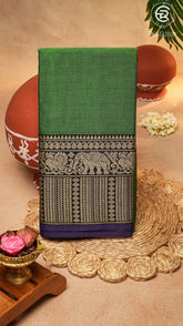 Green Elephant & Peacock Border Handloom Narayanpet Cotton Saree