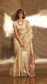 Yellow Jamdani Kora Tissue Silk Saree