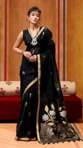 Black Gold Silver Floral Tussar Silk Saree