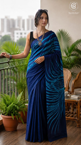 Deep Blue Line Contemporary Handblocked Pure Mul Cotton Saree