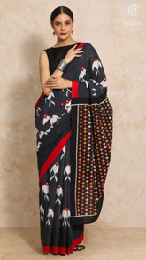 Black & Red Bird Motif Contemporary Handblocked Pure Mul Cotton Saree
