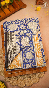 Blue & Yellow Floral Handblocked Pure Mul Cotton Saree